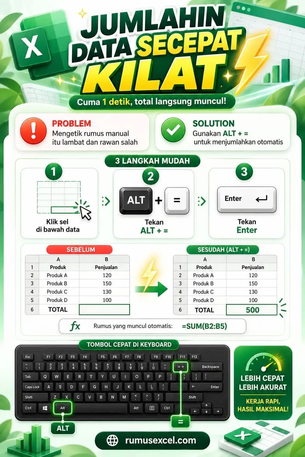 Cara Menjumlahkan Data Secara Otomatis dengan Shortcut ALT + =